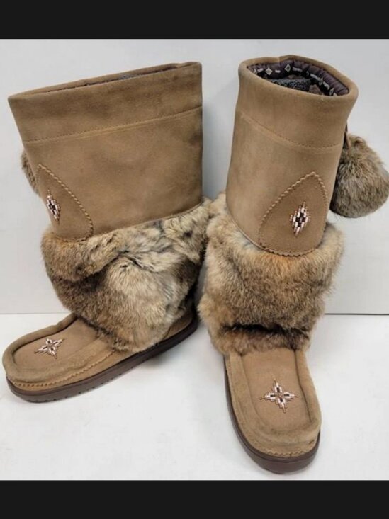 Manitobah Mukluks Snowy Owl Suede Fur Shearling Tall Boots Women 5 Tan Brown - Picture 1 of 6